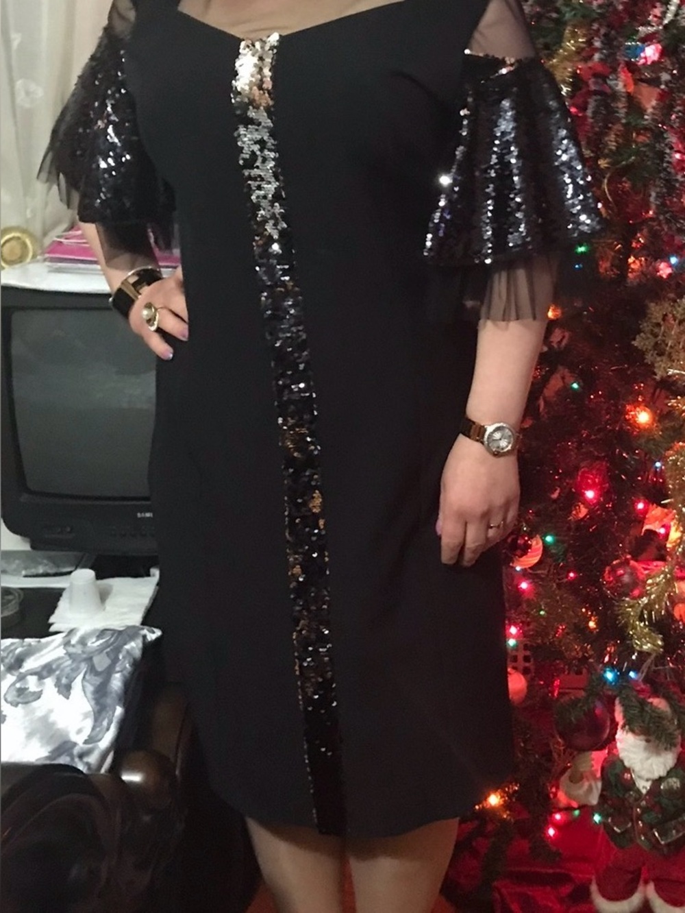 Black Sequin Center-Strip Cocktail Dress